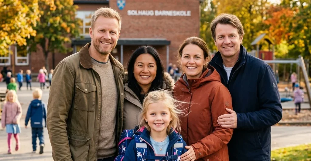 Familie med barn utenfor en barneskole